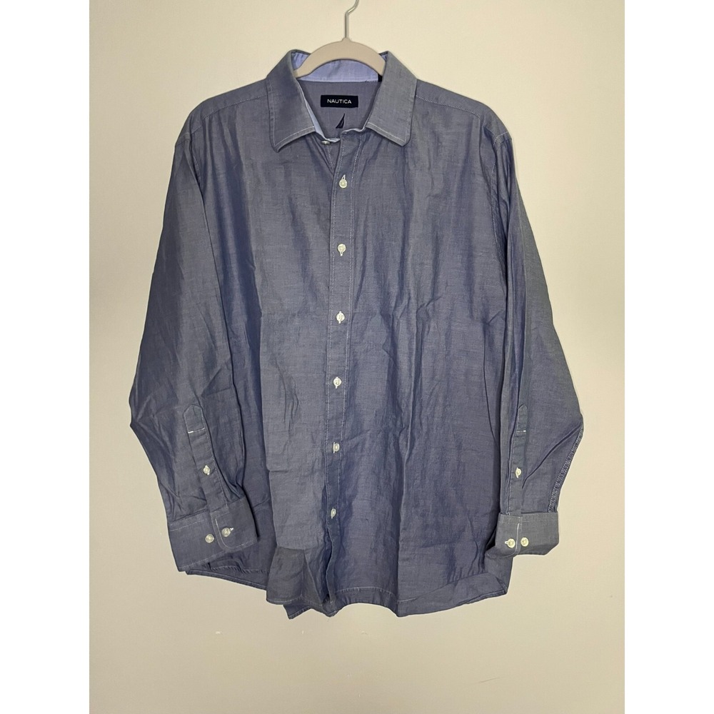 Nautica Mens XL Light Navy Blue Button Up Shirt Long Sleeve Summer Comfort 0469